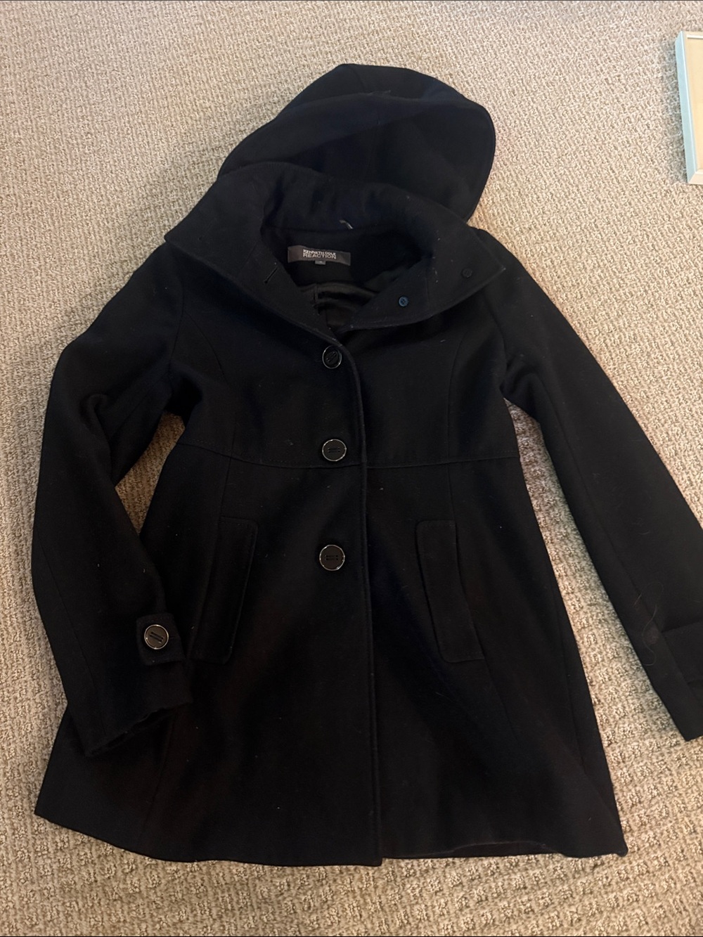 Women’s Kenneth Cole black wool button up pea coat removable hood sz 4